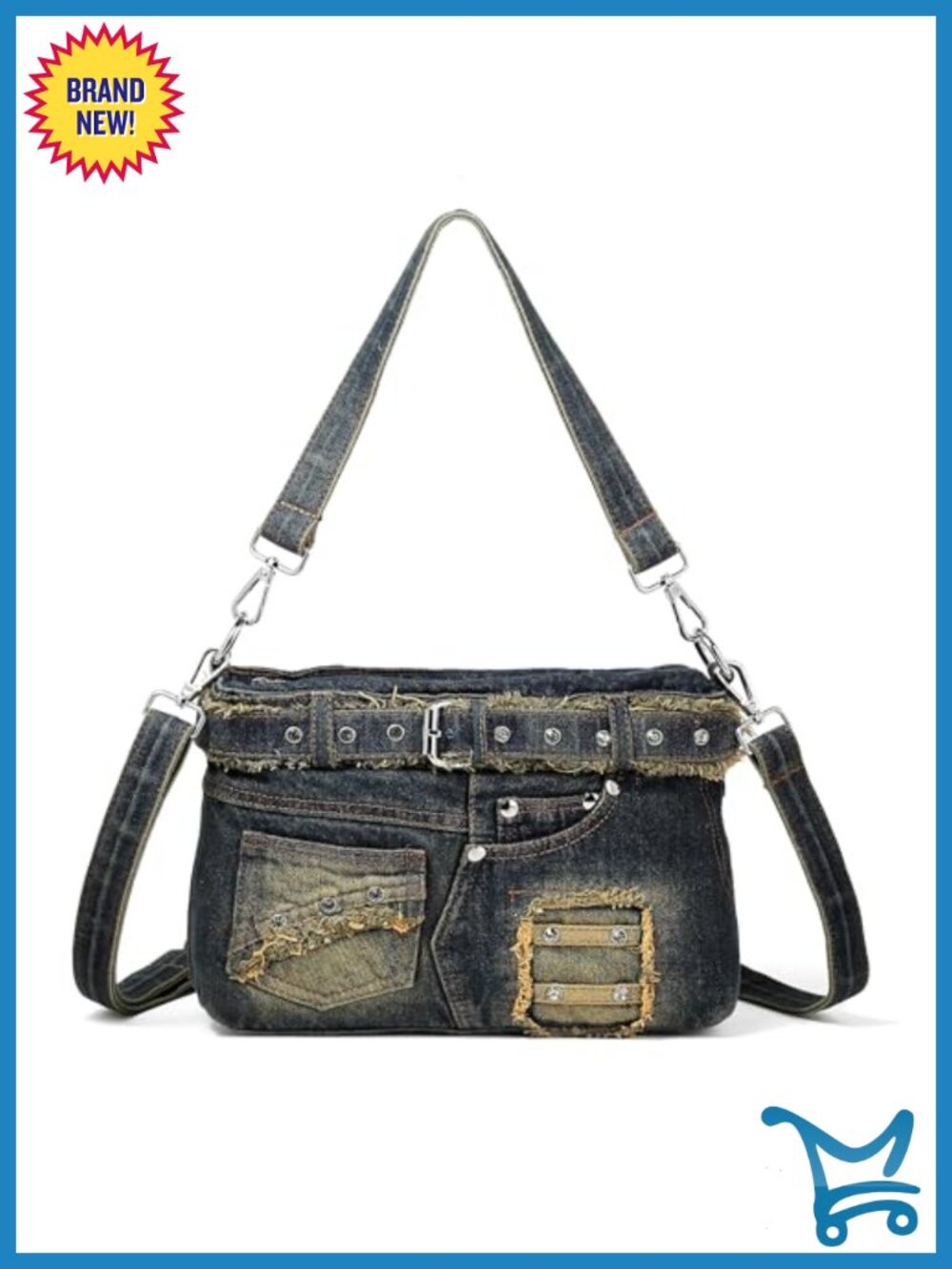 Denim Crossbody Bag Rhinestone Y2K Jean Handbag with Adjustable Strap